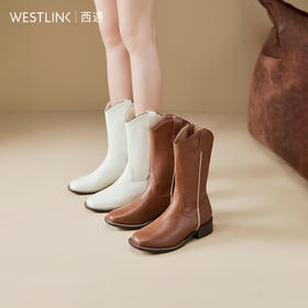 西遇西部牛仔靴女新款秋冬美拉德马丁靴中筒V口方头白色短靴D0047794