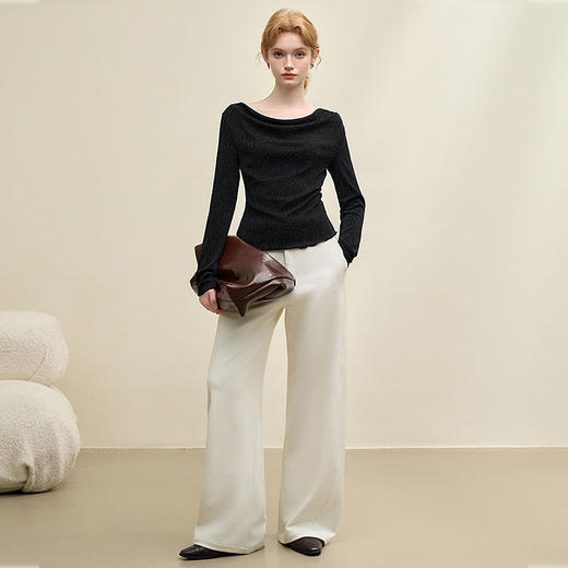 复古摩登设计感亮丝烫钻荡领长袖T恤女针织上衣V4243199 商品图1