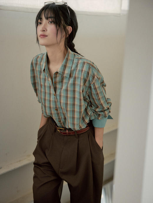 Even Vintage|复古奶咖绿 全棉碳素磨毛经典格纹刺绣logo百搭衬衫 商品图3