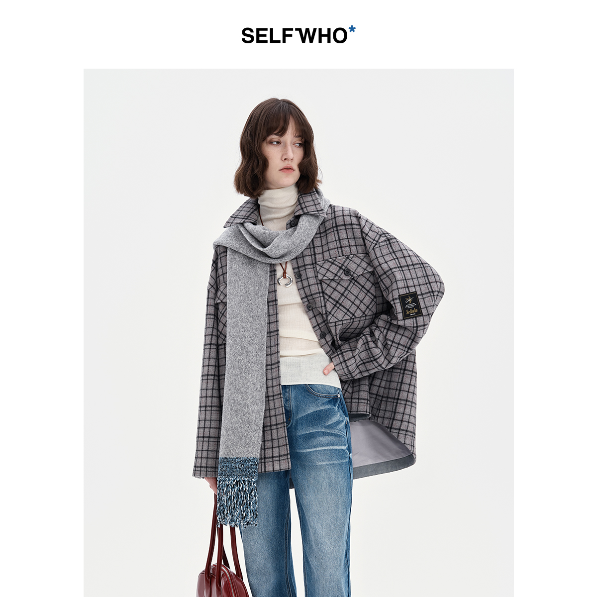 SELFWHO羊毛混纺*灰色流苏针织围巾女2024秋冬新款保暖围脖