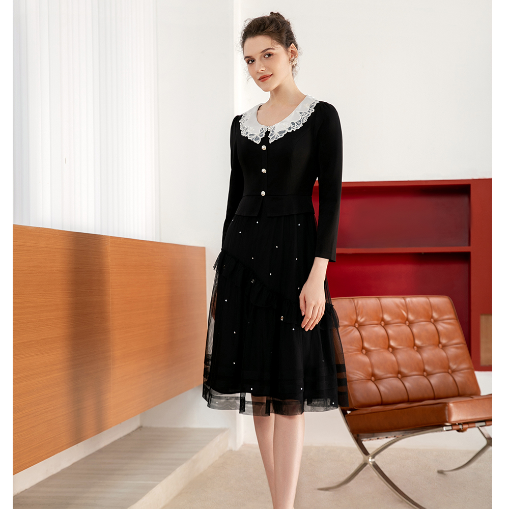 司歌假两件长袖连衣裙网纱拼接弹力舒适A901163X