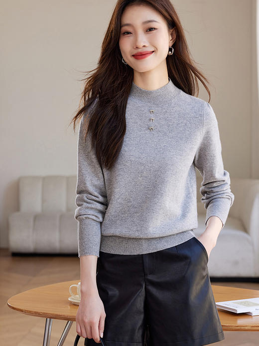 【年货节】熙世界红色100%纯羊毛衫女秋冬款半高领毛衣宽松羊绒针织打底衫 商品图11