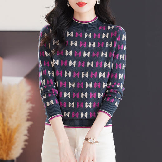 CC-103-79001半高领毛衣女2024年秋冬新款宽松提花上衣时尚洋气百搭休闲打底衫 商品图1