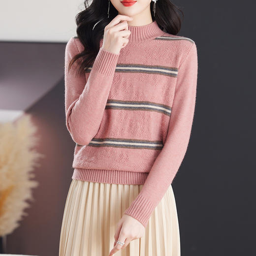 CC-103-79012条纹羊毛针织衫女2024秋冬新款半高领长袖宽松保暖 商品图2