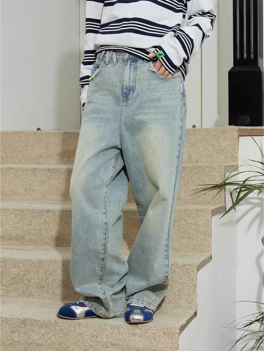 Mood Like Me/MNZ2407/毛边口袋印花洗水做旧直筒牛仔裤 商品图0