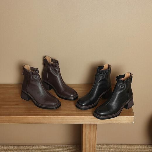 【预售5天】巨软头层羊皮5cm粗跟，厚底短靴复古及踝单靴马丁靴LD&F6997 商品图2