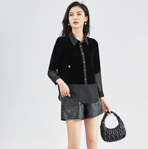 【高货wl】全新升级【铂金会员321/天猫429/差价108】(12658) 洛诗琳真丝丝绒拼接雪纺秋冬名媛气质轻奢简约百搭衬衣女 商品图3