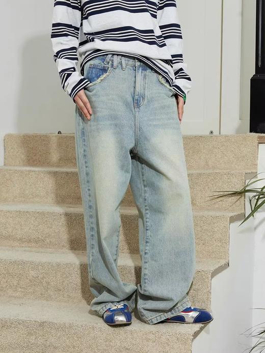 Mood Like Me/MNZ2407/毛边口袋印花洗水做旧直筒牛仔裤 商品图1