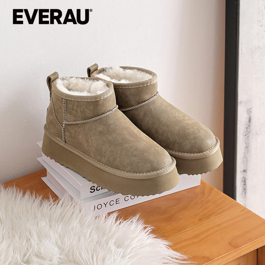 EVERAU简约原生质感牛皮羊皮毛内里4cm防水台增高加厚雪地靴UEA3009 商品图1