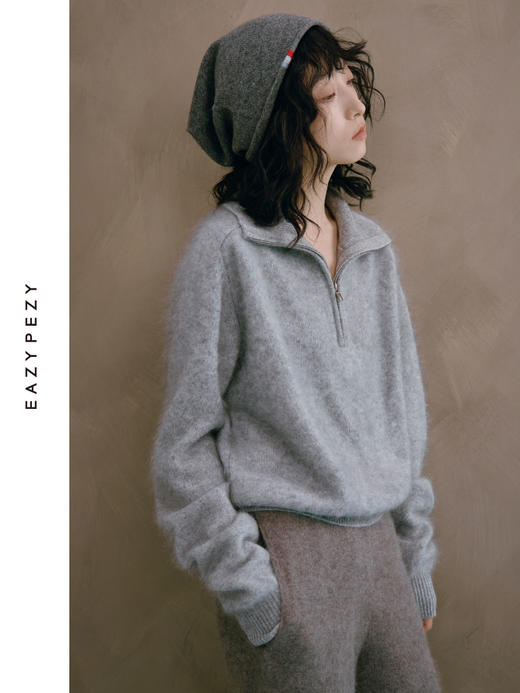 拉毛翻领半拉链羊绒衫 商品图2