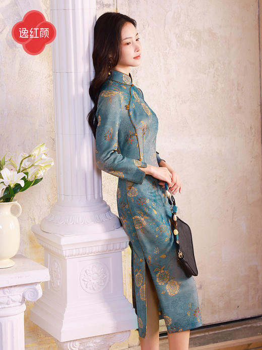 逸红颜明月优选 #仿香云纱缠枝牡丹印花旗袍「洛苒」，璀璨蓝金，古法东方之美 商品图7