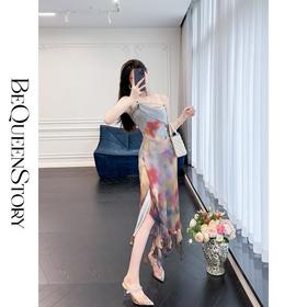 余潇潇【玫瑰庄园】舒适时尚捏褶收腰浪漫印花修身连衣裙