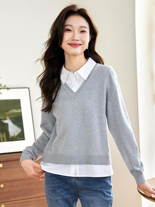 【专属特惠】熙世界学院风假两件上衣女2025春秋款长袖衬衫领拼接打底针织衫 商品图7