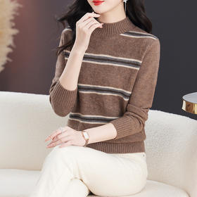 CC-103-79012条纹羊毛针织衫女2024秋冬新款半高领长袖宽松保暖