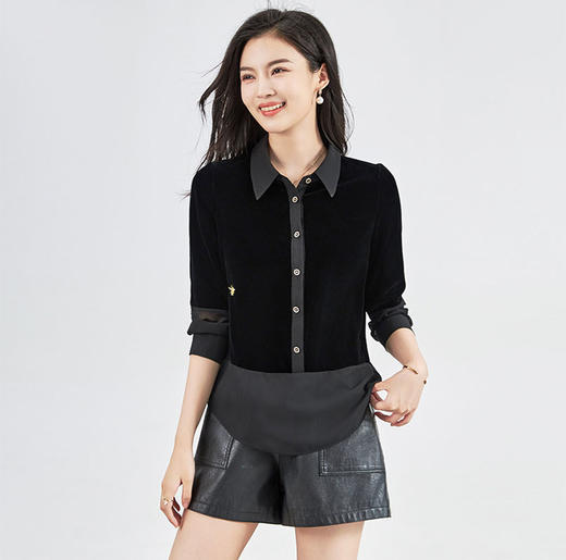 【高货wl】全新升级【铂金会员321/天猫429/差价108】(12658) 洛诗琳真丝丝绒拼接雪纺秋冬名媛气质轻奢简约百搭衬衣女 商品图0