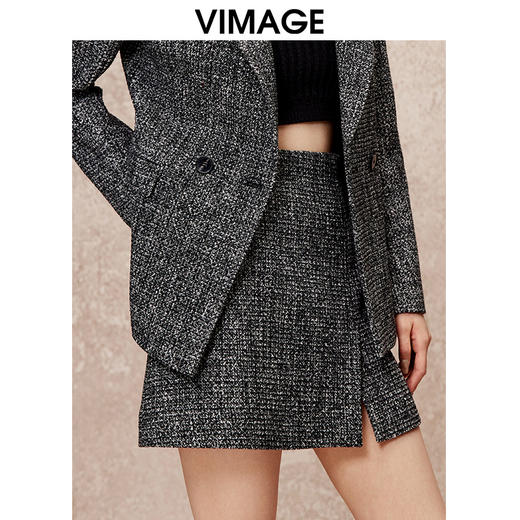VIMAGE纬漫纪小开叉a字显瘦气质灰色小香风半身裙冬季新款V2206816 商品图5