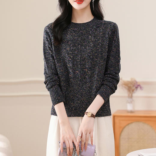 CC-103-K8128秋冬季圆领毛衣女士2024新款百搭洋气小个子打底衫花毛线亮片上衣 商品图2