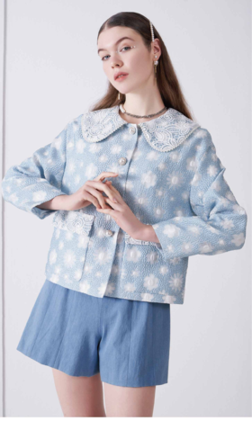 水溶蕾丝领蓝白波点泡泡纱外套