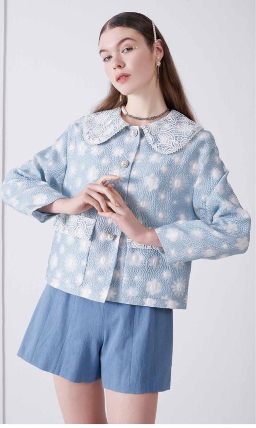 水溶蕾丝领蓝白波点泡泡纱外套 商品图0