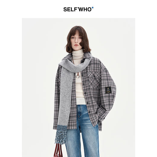 SELFWHO羊毛混纺*灰色流苏针织围巾女2024秋冬新款保暖围脖 商品图1