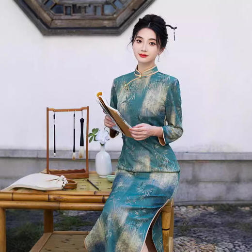 云岚绒绿色竹叶，印花低开衩修身旗袍SJT-697 商品图3
