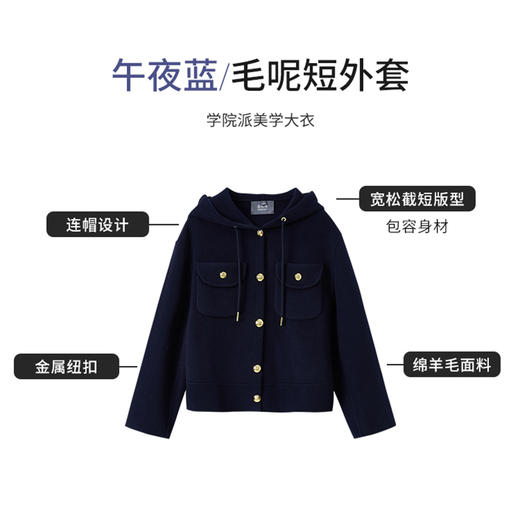 【商场同款】CNC4096“午夜蓝大衣”宽松截短版型 包容身材 连帽设计 连帽和口袋点缀金属扣 活力吸睛 立体挺括毛呢外套 商品图10