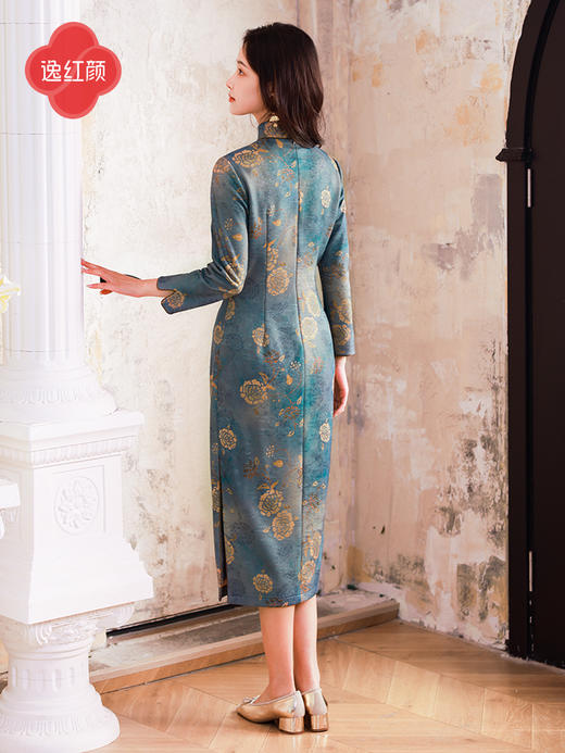 逸红颜明月优选 #仿香云纱缠枝牡丹印花旗袍「洛苒」，璀璨蓝金，古法东方之美 商品图9