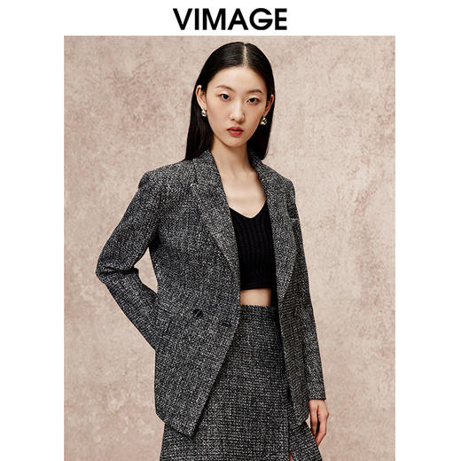 VIMAGE纬漫纪麻面粗纺深灰色气质收腰显瘦西装外套冬季新款V2203816 商品图3