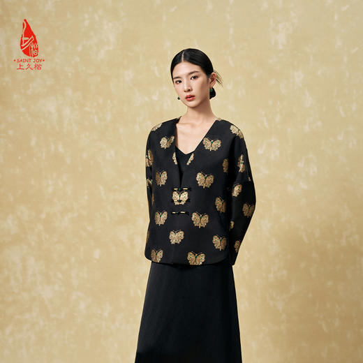 SAINTJOY/上久楷 女式宋锦外套 中式上衣 中国风 复古 黑金蝴蝶绿宝石款 CY1024207017 商品图1