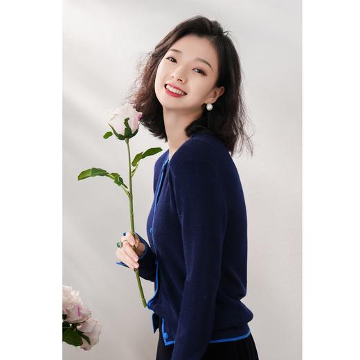 西子/【冰岛蓝夜】精纺羊毛撞色嵌条高弹法式针织衫开杉上衣/MSBH280 商品图2