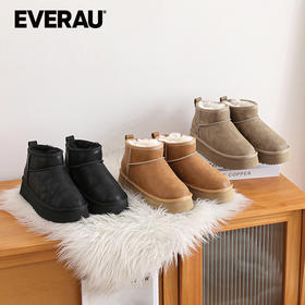 EVERAU简约原生质感牛皮羊皮毛内里4cm防水台增高加厚雪地靴UEA3009