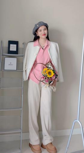 秋冬加绒含小羊羔毛暗纹松紧腰直筒暖暖裤