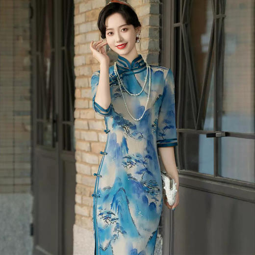 长款旗袍春秋季七分袖复古改良新中式HQ333 商品图1