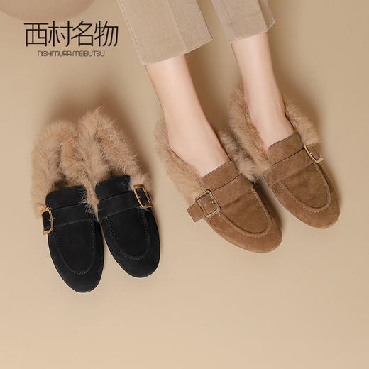 西村名物2024新款女秋冬季外穿高级感厚底一脚蹬小香风加绒毛毛鞋T24DM46661 商品图1
