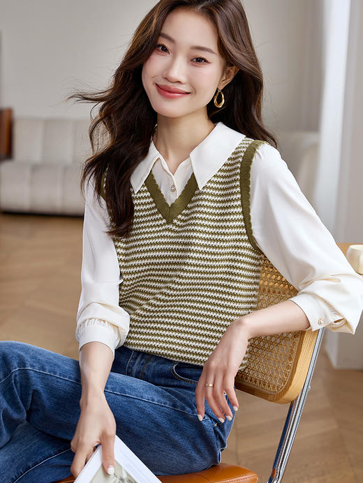 【专属特价】熙世界polo领拼接复古条纹针织衫女2025秋新款设计感假两件上衣 商品图5