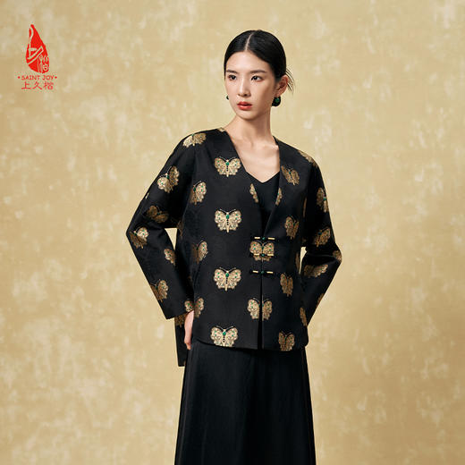 SAINTJOY/上久楷 女式宋锦外套 中式上衣 中国风 复古 黑金蝴蝶绿宝石款 CY1024207017 商品图0