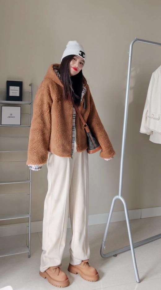 秋冬加绒含小羊羔毛暗纹松紧腰直筒暖暖裤 商品图7