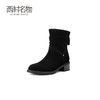 西村名物2024冬季新款真皮粗跟百搭牛皮褶皱软底时装靴女X24DS47661 商品缩略图1