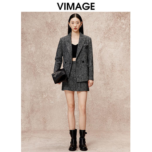 VIMAGE纬漫纪小开叉a字显瘦气质灰色小香风半身裙冬季新款V2206816 商品图1