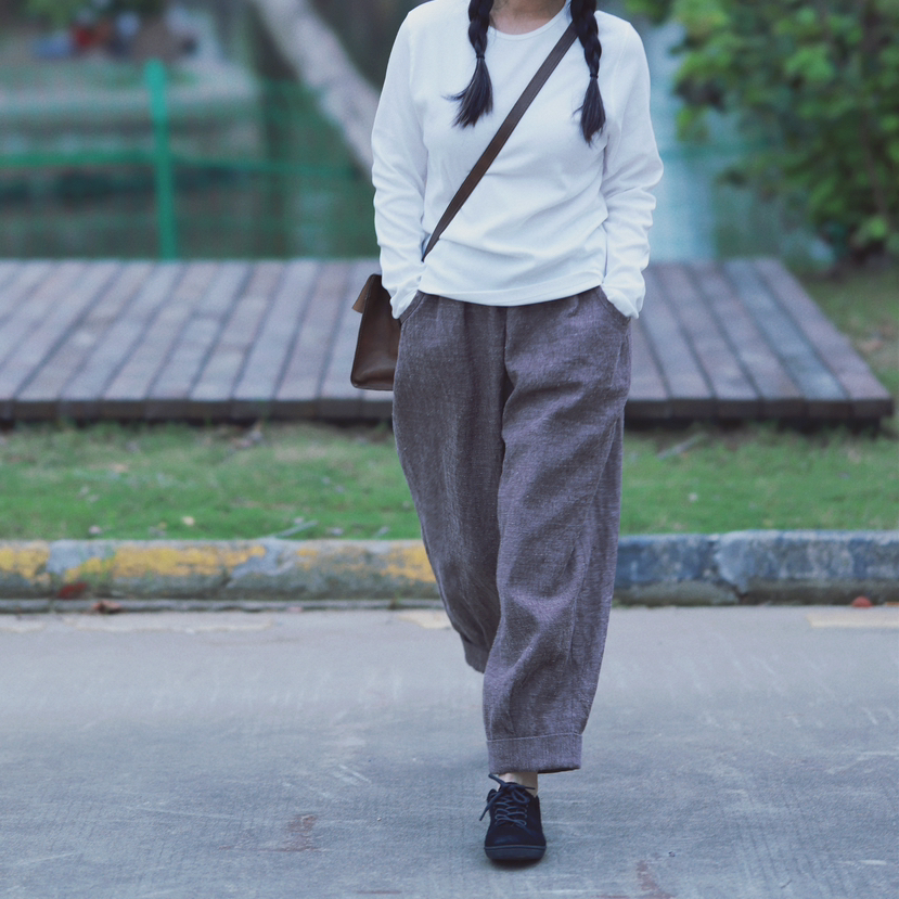 黄阿福｜羊毛亚麻紫灰色卷边九分裤