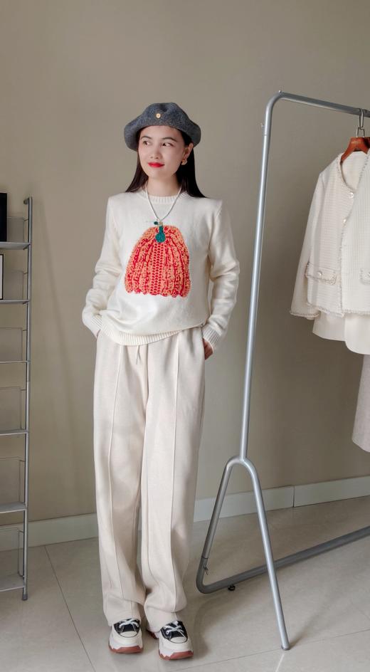 秋冬加绒含小羊羔毛暗纹松紧腰直筒暖暖裤 商品图1