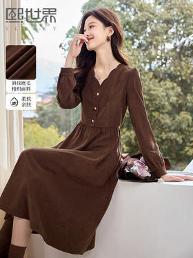 【专属特价】熙世界美拉德风复古棕色V领连衣裙长袖a字中长裙子女2025秋冬新款