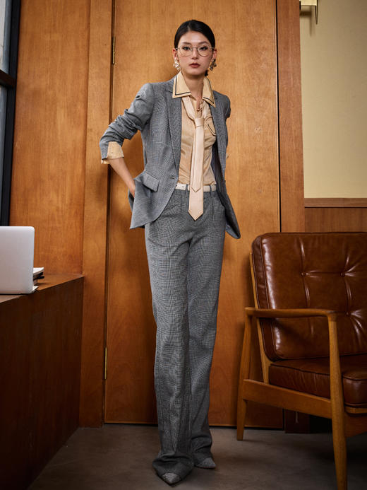 威尔士亲王格 J83A3373颈袖添香2019春秋格纹气质OL职业装时尚修身商务正装西装套裤女J83A3373 商品图1