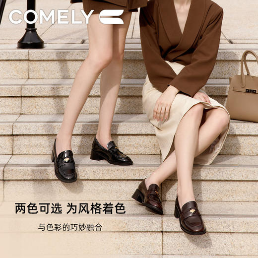 康莉KYQ2K573乐福鞋女厚底秋季商场新款黑色一脚蹬增高商务圆头粗跟 商品图1