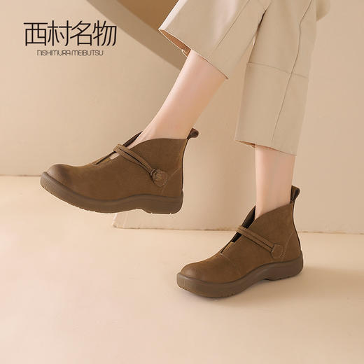 西村名物2024秋冬新款复古真皮短靴平跟软底舒适时装靴女T24DS48021 商品图1