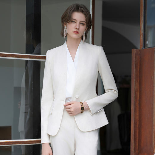 IWY/米色正装女职业套装秋季一粒扣长袖西服外套无领工作服CP2064 商品图4