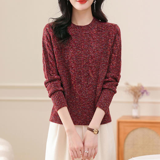 CC-103-K8128秋冬季圆领毛衣女士2024新款百搭洋气小个子打底衫花毛线亮片上衣 商品图1