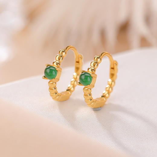 S925纯银镀金翡翠复古时尚，轻奢简约圆珠耳环气质百搭银耳夹CW-EJ00529 商品图1