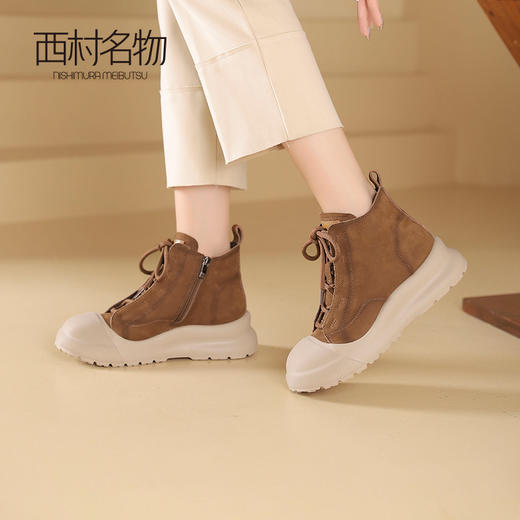 西村名物2024秋冬新款复古真皮时尚厚底休闲鞋舒适百搭高帮鞋女T24DS48071 商品图1