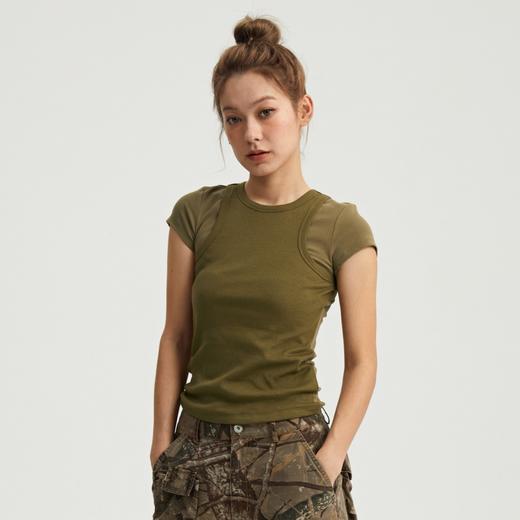 oneup假两件弹力短袖T恤 商品图0